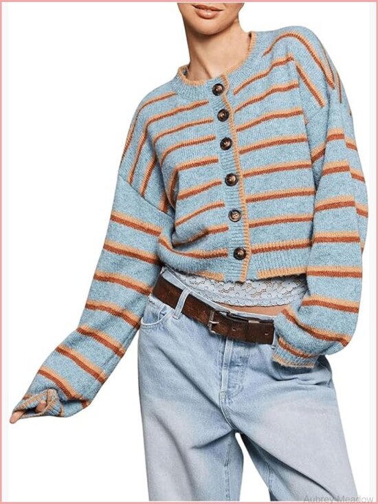 Sweaters - Striped Button Front Cropped Cardigan Long Sleeve Lightweight Knit